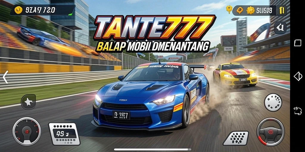 Antarmuka game TANTE777 menampilkan aksi balap mobil yang mendebarkan.