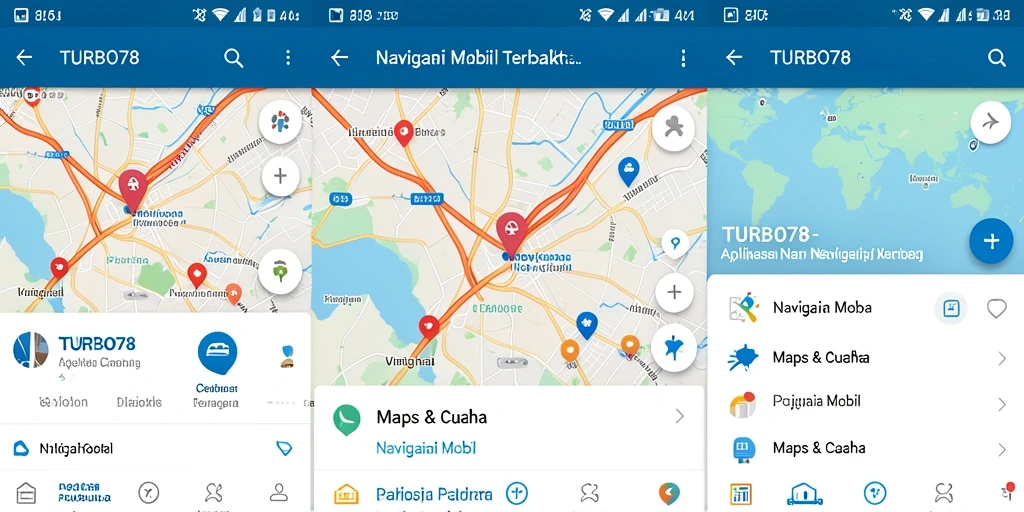 Antarmuka TURBO78 menampilkan peta navigasi mobil yang interaktif dan informatif.
