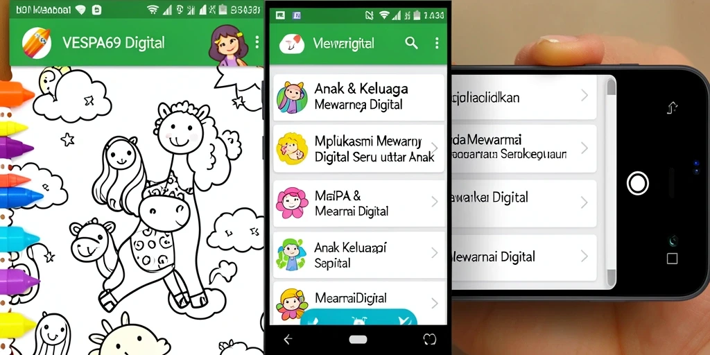 Screenshot utama VESPA69 menunjukkan antarmuka aplikasi Mewarnai Digital yang ceria.